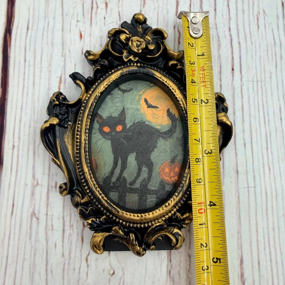 Halloween Black Cat Art Print Ornate Gold Black Resin Frame Gothic Decor 5 inch